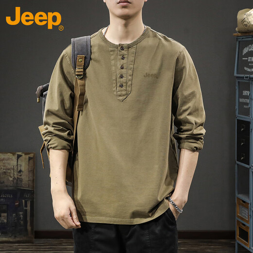Jeep (JEEP) long-sleeved T-shirt men's spring and autumn trendy brand retro Henry collar cotton bottoming shirt top men's gray 2XL
