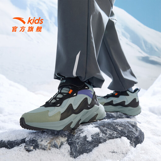 ANTA children's cotton shoes for boys and girls, mountain and river plus velvet to keep warm, 2025 autumn and winter new high-top Velcro anti-ski boots, recommended by the store manager, gray/black/slightly smoked green-6 38, shoe inner length 24cm