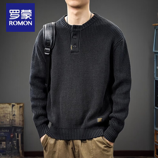 Luo Meng American retro Henry collar black sweater men's autumn new trendy brand sweater loose pullover with sweater 8903 black L suitable weight 115-130 Jin Jin equals 0.5 kg