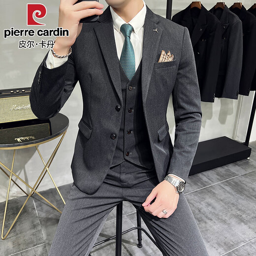 Pierre Cardin business casual single-breasted suit suit groom Korean style men's slim double slit small suit lapel collar formal suit black suit + trousers + vest free black tie XL