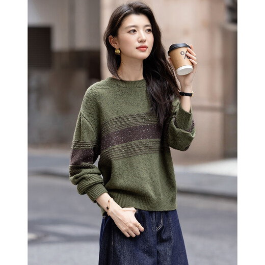 Demana Muyun Linglong winter sheep wool sweater retro round neck contrast ribbed loose knitted sweater women's top
