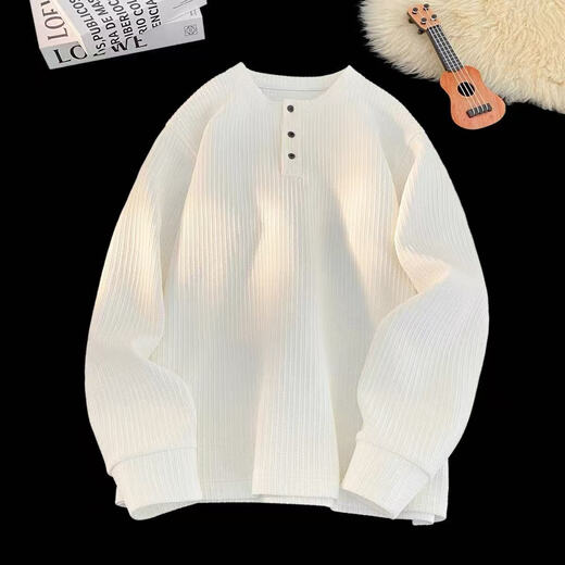 SHANNU long-sleeved T-shirt men's autumn and winter cleanfit textured inner layer Henry collar loose sweater bottoming shirt HT25079 white XL