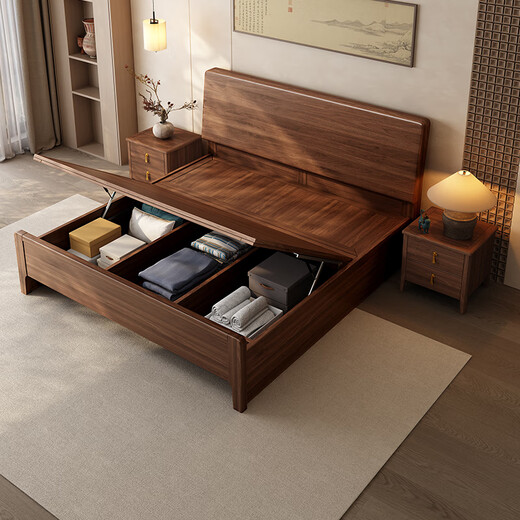 Small wooden nest bed black walnut solid wood bed medieval style master bedroom 1.8 meters double bed modern simple large bed wedding bed bed (three-section bed board) 1.5 meters