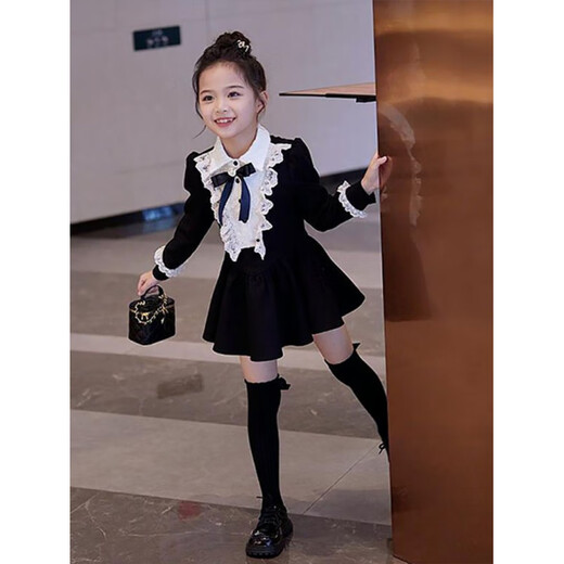 Burwilde international brand girls' preppy dress 2025 spring and autumn style children's fashionable princess dress for women Bow Hepburn black bow dress (gift box) 160 recommended 145-155cm