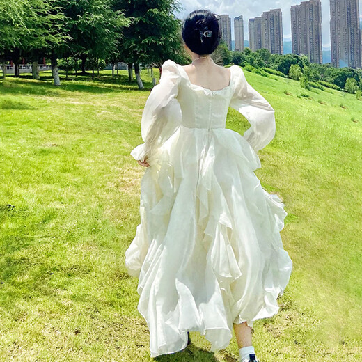 Bangbo French style long-sleeved dress 2025 spring and autumn new style women's design gentle and windy mesh super fairy fairy dress long-sleeved dress pure white M (suitable for 85-100)