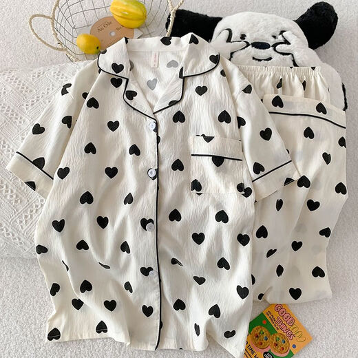 
abcdggd three-piece set of love pajamas for women in summer short-sleeved cute peach heart cardigan loose cloud cotton summer home clothing set JS-9901# pink border mike three-piece set M size 155-162 weight b
