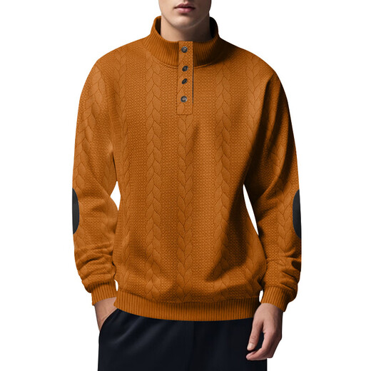 JEEP SPIRIT autumn and winter heavy jacquard men's American sweatshirt casual stand-up collar button placket long-sleeved henley shirt polar fleece jacket black S