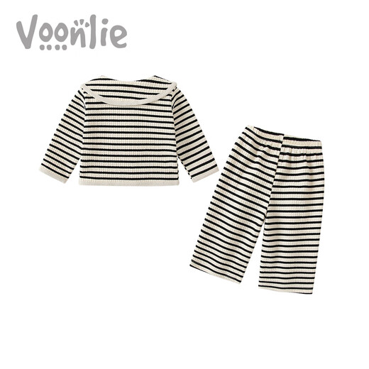 Fanlie VOONLIE Girls Suit Autumn 2025 New Baby Fashionable Two-piece Set Baby Striped Jacket Pants Spring and Autumn Trend Black and White Stripes 80 cm