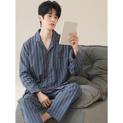 Hailan Home's spring and autumn cardigan pajamas men's long-sleeved trousers plus large size autumn and winter simple stripes can be worn outside. Long-sleeved cardigan suit-OMM12014 4XL men's recommendation 190-210Jin [Jin equals 0.5 kg]