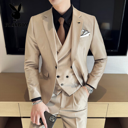 Playboy (PLAYBOY) high-end suit suit, men's groom's wedding dress, men's slim suit, business commuter suit, British style three-piece suit, dark green suit + trousers + vest 2XL