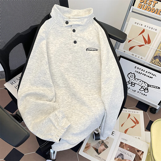 Capti Spring and Autumn Outdoor Striped Texture Sweatshirt National Trend Henry Collar Cotton Sweatshirt Men's Training Long Sleeve Heavy Jacket Gray M