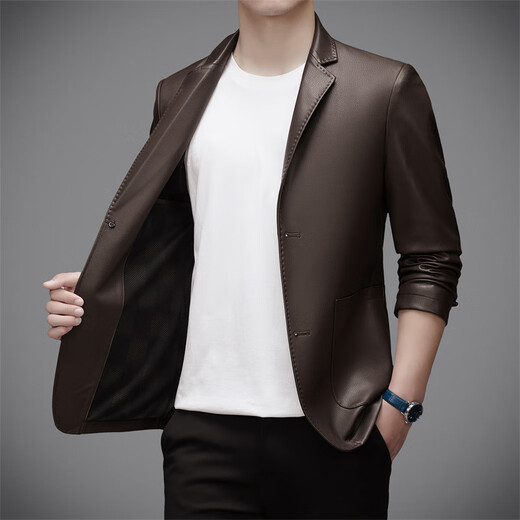 Fuguiniao (FUGUINIAO) 2025 New Korean Style Slim Small Suit Jacket Men's Spring and Autumn Leather Clothing Business Casual Leather Suit Jacket Trendy Brown M
