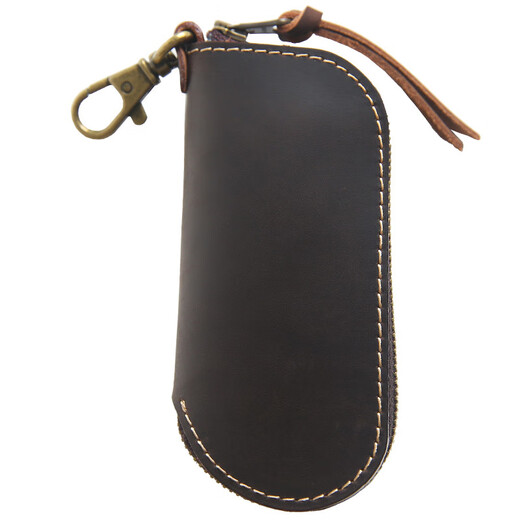 Cow raiser handmade retro head layer Crazy Horse Cowhide key bag Men's genuine leather simple zipper bag Mini waist padlock bag Dark brown - Crazy Horse Cowhide [single bag]