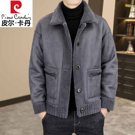 Pierre Cardin Reversible Wool Jacket Men's Autumn and Winter New Fur Jacket Men's Grain Sheep Shear Fur One-piece Men's Lapel Ribbed L 175/92A 120-135Jin Jin is equal to 0.5 kg
