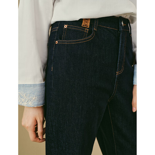 Inman Original Color Velvet Straight Jeans 2025 Winter Women's New Cuffed High Waist Trousers Dark Denim Blue 27