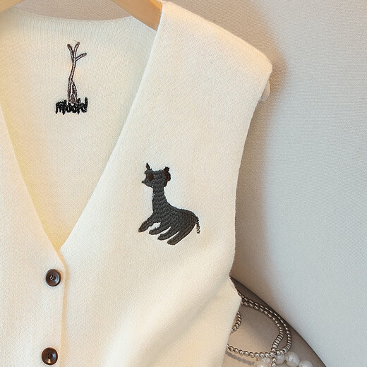 Sibaishe V-neck stacked knitted vest for women 2026 spring new fashion cartoon pattern embroidered vest