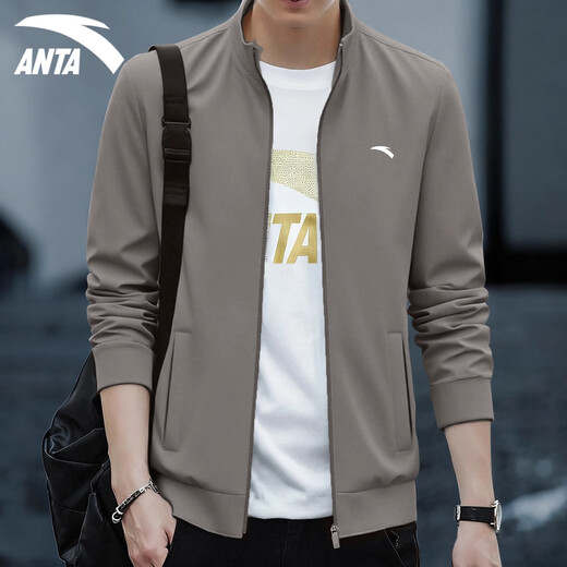 ANTA Soft Shell Sports Jacket Men's 2025 Autumn and Winter New Stand Collar Cardigan Loose Zipper Jacket Sports Casual Wear Top -3 Dusty Gray Regular Style L Suitable for 120-140 Jin Jin equals 0.5 kg