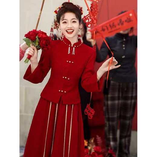 Spring Man Toast Wear Bride Burgundy Chinese Engagement Dress Home Casual Wear 2025 New Small Dress Suit Burgundy M