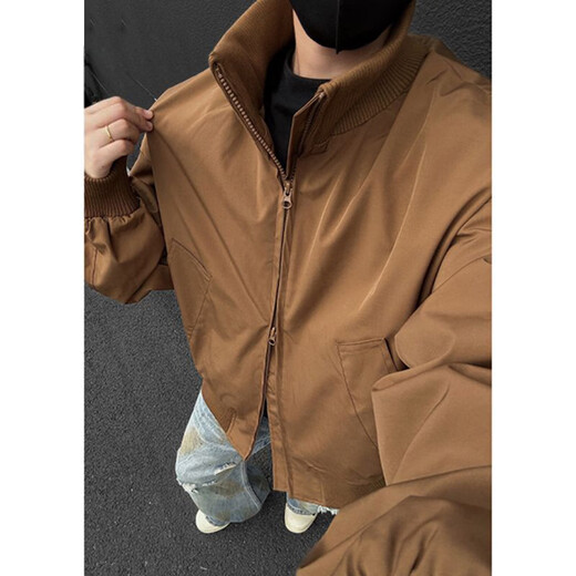 
Fumile American bomber bomber jacket men's spring and autumn loose trendy silhouette high-end street handsome jacket brown XL