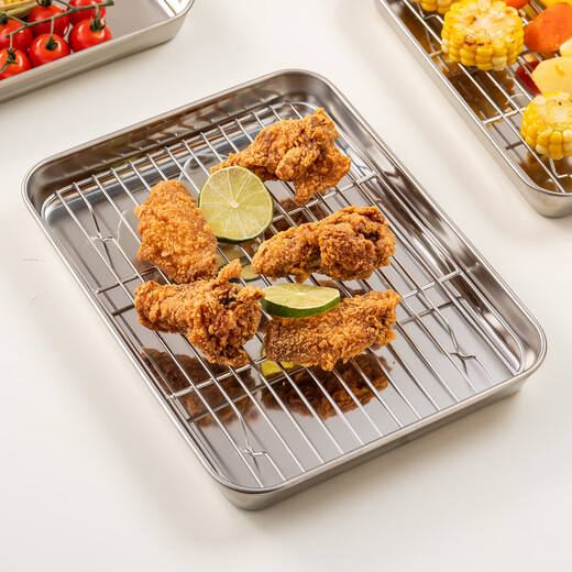 Onlycook304 stainless steel square plate with network oil control rack water filter oil drain tray meal fried skewers barbecue rectangular tray 2-piece set large tray + oil drain rack