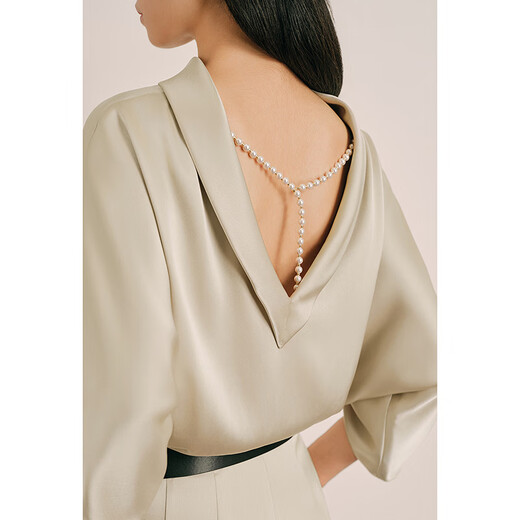 OBBLIGATO Autumn and Winter Back V-neck Pearl Chain Top Women's Top Champagne Gold S