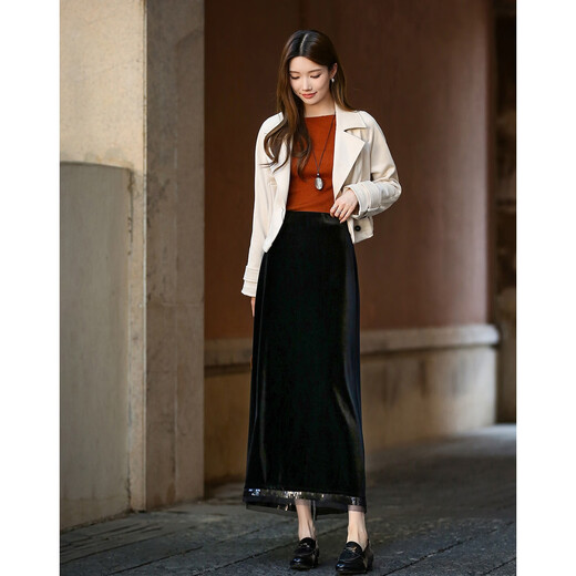 Demana Velvet Whisper Autumn Glossy Sequin Stitching Straight Tibetan Flesh Elastic Waist Small Women's Skirt