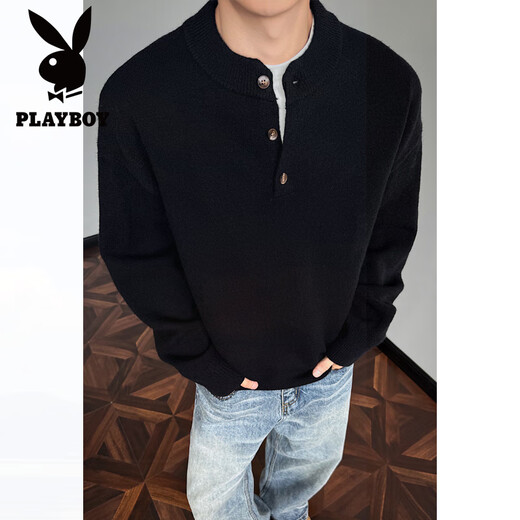 Playboy Henley Collar Half Turtleneck Sweater Men's Autumn American Loose Sweatshirt Jacket Men's Lazy Style Sweater Men Black 2XL