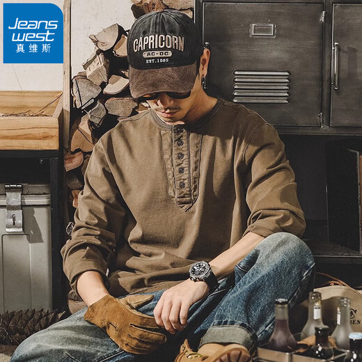 Jeanswest American retro long-sleeved T-shirt for men in spring and autumn 330g heavyweight loose trendy brand tough guy Henry collar bottoming shirt winter 15 mocha brown 2XL suitable for 160-180Jin Jin equals 0.5 kg