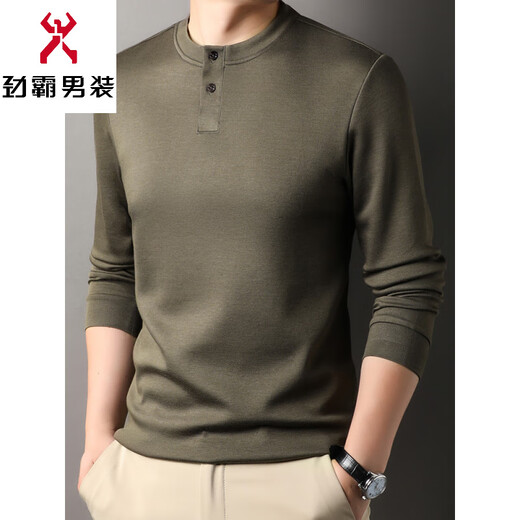 KBXNG Jinba autumn button long-sleeved T-shirt men's autumn and winter versatile henley shirt with wool men's high-end Chinese style loose military green 2XL 180