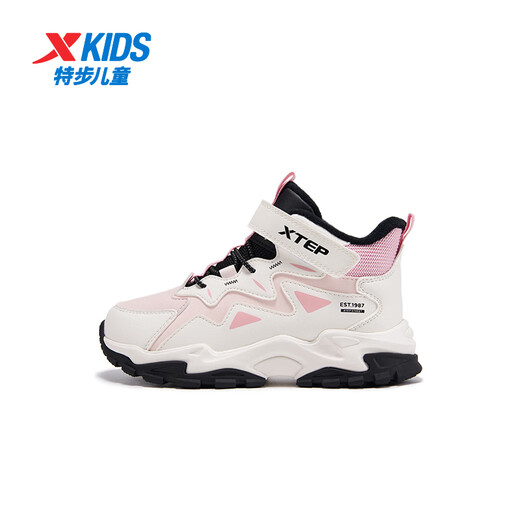 Xtep children's shoes, girls' non-slip cotton shoes, winter children's fine mink velvet Velcro sneakers, pure pink/sail white 32