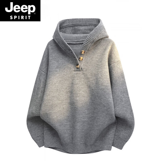 JEEP SPIRIT American Henry Collar Hooded Sweater Men's Lazy Autumn and Winter New Loose Knitted Sweater Casual Jacket Misty Black Gray XL 120-140Jin Jin is equal to 0.5 kg
