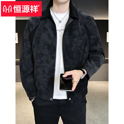 Hengyuanxiang Leather Jacket Men's Spring and Autumn 2026 New Lapel Fashion Brand Style Splicing Men's American Retro Leather Jacket Green XL