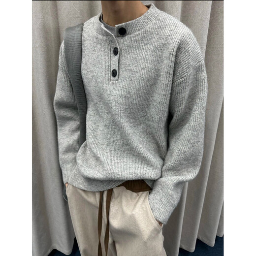 Muwei American retro Henry collar knitted sweater men's autumn cleanfit lazy style high-end woolen jacket Gray XL recommended 125-140Jin Jin equals 0.5 kg
