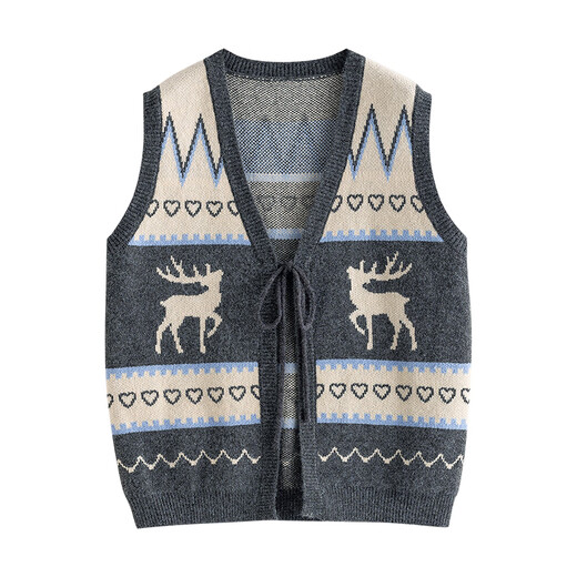 Chuyu Sweater Women's 2025 Winter New Nordic Style Elk Jacquard Arctic Velvet V-neck Sleeveless Jacket Top Dark Gray S