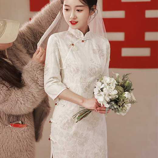 Bangboshi New Year New Chinese Style Improved Cheongsam 2025 Autumn and Winter Little People Everyday Elegant Engagement Mid-Long Sleeve New Year Gift Beige Improved Cheongsam Mid-Length L Suitable (85-100)