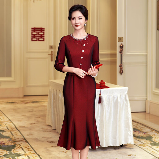Fumini January high-end brand light luxury happy mother's wedding high-end evening dress eleven temperament happy mother-in-law wedding banquet dress autumn and winter burgundy 3XL