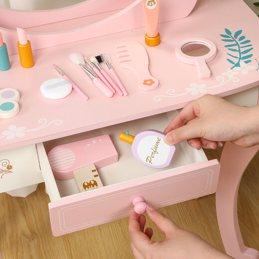 Shantou Lincun Toys 0-3 years old play house dresser set girls makeup toys wooden little princess birthday gift toys MS white dresser + stool