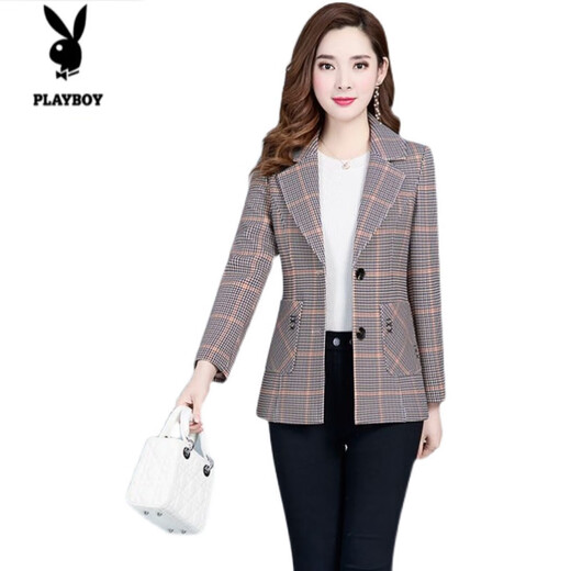 Playboy (PLAYBOY) short blazer for women 2025 new autumn style middle-aged spring autumn middle-aged mother autumn small suit western style plaid orange plaid 5XL recommended 138-150Jin Jin equals 0.5 kg