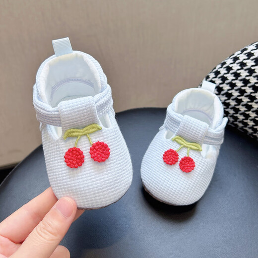 Midur newborn baby shoes that won't fall off at the age of one month, autumn baby girl's baby shoes, pure cotton soft sole toddler princess shoes, white (T-shaped soft shoes-green branch cherry) 12 M, inner length 12cm, recommended for 6-12 months