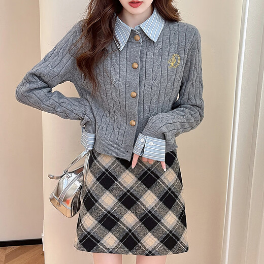 TonLion 2025 Autumn and Winter Spliced Woven Fabric Cable Small Embroidery Women's Sweater Cardigan
