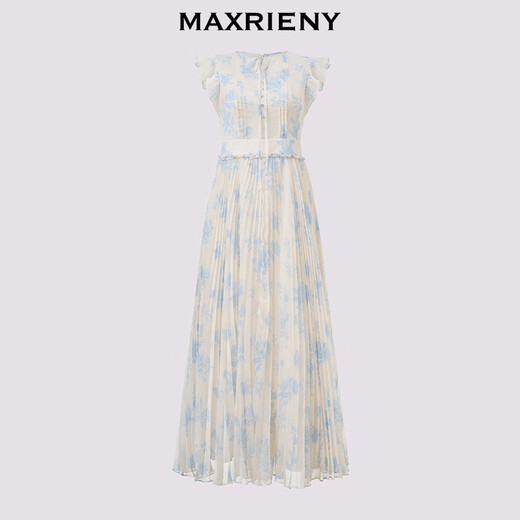 Maxrieny [Gleiches Modell in Fang Yuan] Blue Stern Blumenkleid elegante kleine fliegende Ärmel Falten Temperament Taille-Close Long Kleid Sommer Beige M.