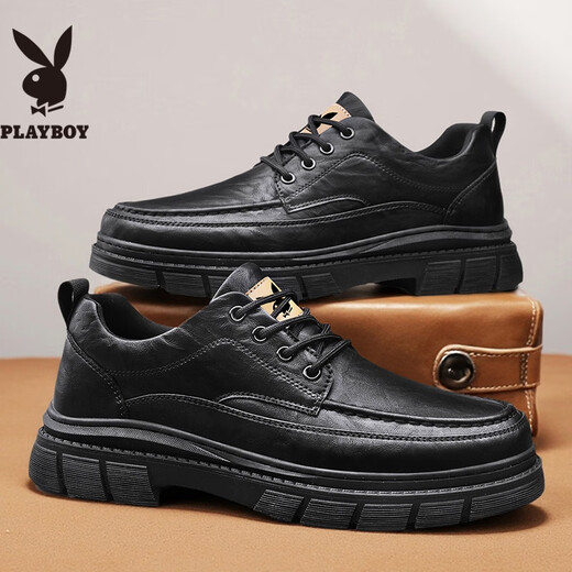PLAYBOY Leather Shoes Men's 2025 Autumn Formal Business Casual Shoes Round Toe British Martin Boots Men's Work Shoes Black 42