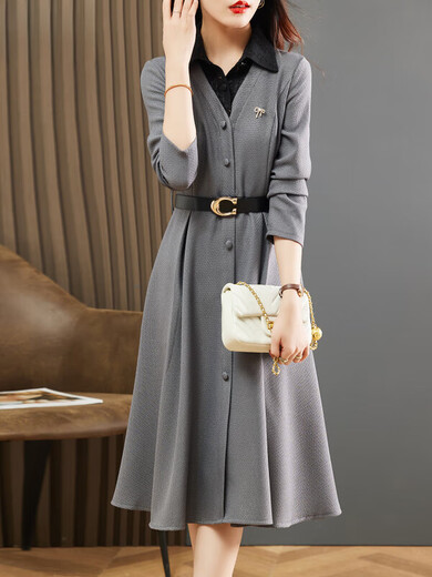 Nosskiss Luxus High-End-Marke Langarmed Kleid für Frauen 2025 Herbst und Winter Neues High-End-Temperament Slim und Chic Shirt Rock Grey L.