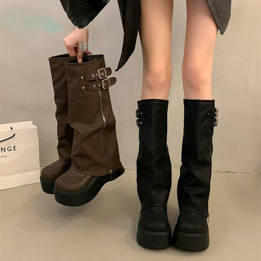 Feiyao boots for women 2025 new big-toe Martin boots with thick soles and heightening below the knee trouser boots high knight boots black 37 (shoe size is one size larger)