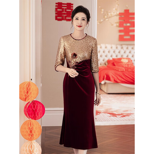 Pierre Cardin Noble Mother-in-Law Wedding Dress Women's Autumn Small Middle-aged Mother's M Dress Waist Slimming Fishtail Burgundy M Recommended 75-95 Jin Jin equals 0.5 kg