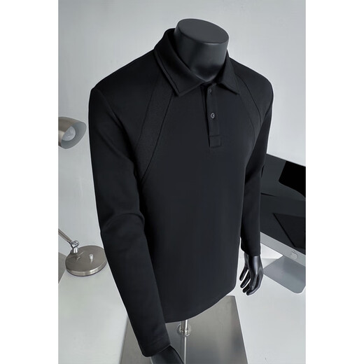 Muwei American heavyweight right shoulder long-sleeved polo shirt for men in autumn new high-end Henry collar versatile and strong casual top light gray XL recommended 130-150Jin Jin equals 0.5 kg