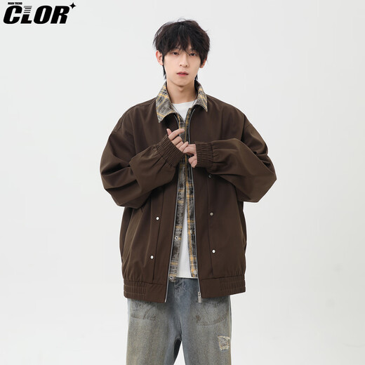 CLOR fake two-piece jacket men's autumn and winter style handsome casual all-match plaid lapel boys jacket JK11 brown XL