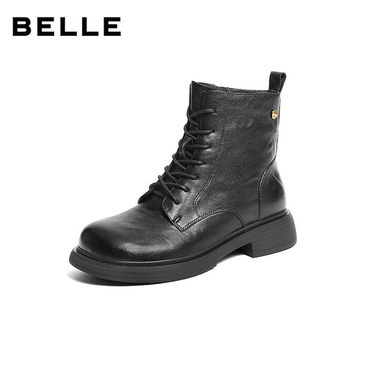 Belle wrinkled Martin boots for women 2025 winter new women's sheep leather texture fashion boots JD008DD5 black-velvet lining 38