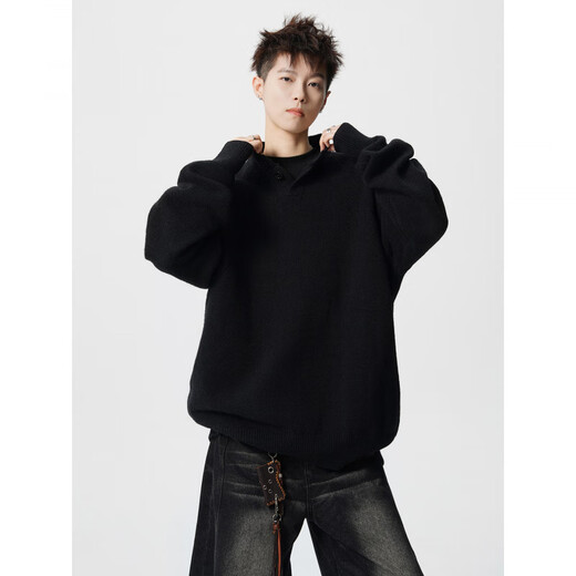 OEMG Old Money Style Henley Collar Sweater Men's Autumn High-Quality Loose Casual Lazy Trendy Brand Sweater Jacket Dark Gray XL Recommended 110-130Jin Jin equals 0.5kg