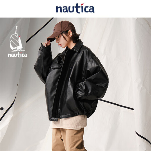 Nautica white sail star same style white sail CityBoy unisex Japanese loose O-type retro imitation leather jacket JW5402 black 0TB S